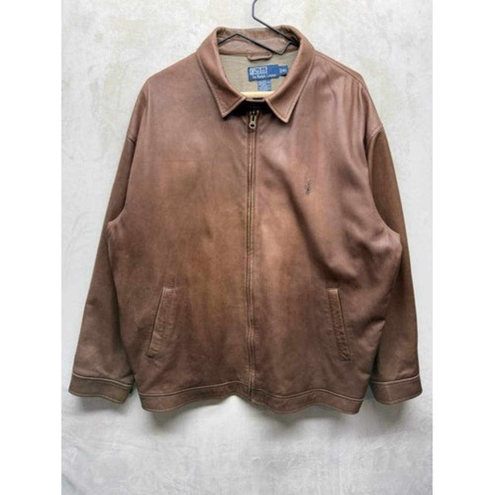 Vintage Polo Ralph Lauren Leather Jacket Mens XL Harrington Brown Full Zip 90s